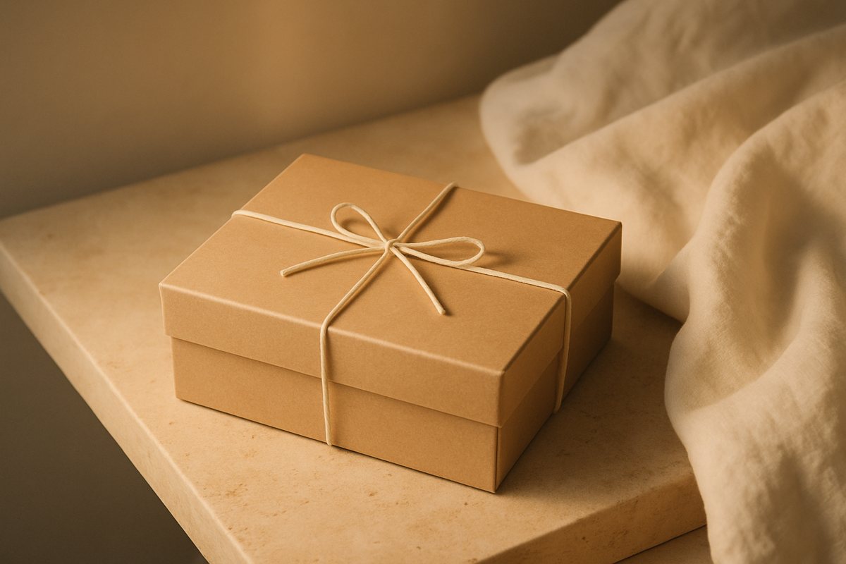 Caja neutra y discreta de Pleasure Place, atada con cinta, sobre piedra cálida
